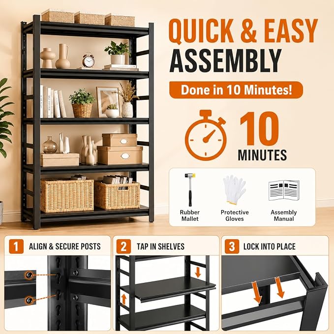 Bolt-Free Metal Bookshelf, Adjustable Tall Bookcase with Anti-Drop Fence, Heavy Duty Deep Book Shelf, Large Office Bookshelf, Modern Storage Shelves for Bedroom, LivingRoom, Garage