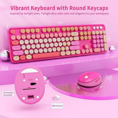 Nowlike Wireless Keyboard and Mouse Combo, Retro Typewriter Keyboard with Round Keycaps, Full-Size Ergonomic, Red, Ideal for Windows PC, Home, Office, and College, Wireless Keyboard Mouse Combo