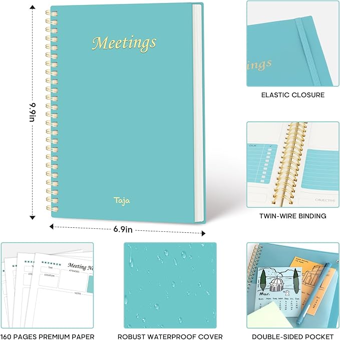 6 Pack of Meeting Notebook for Work Organization - Work Planner Notebook with Action Items, Agenda Planner for Note Taking, 160 Pages (6.9" X 9.9") Project Organizer for Men & Women - Blue