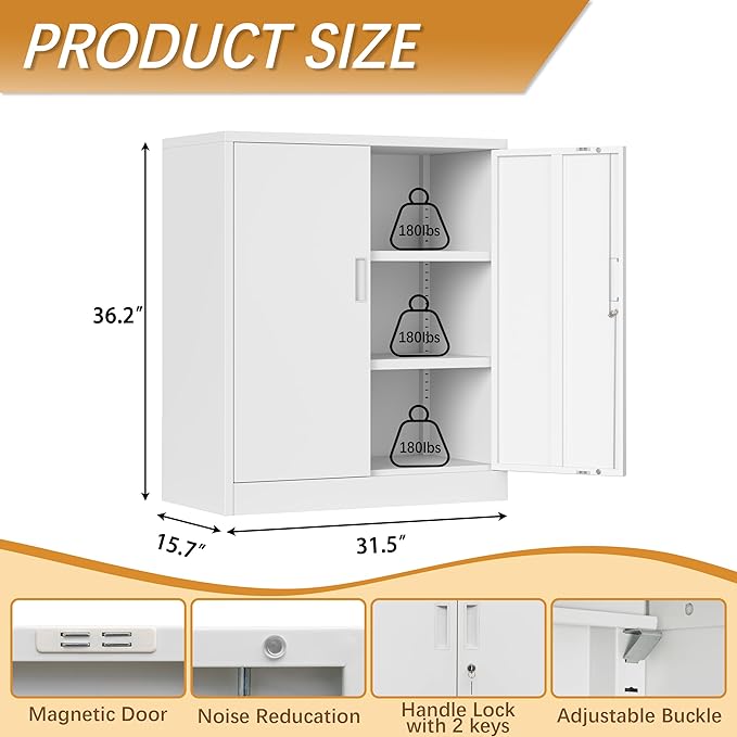 Metal Storage Cabinet, 36" H Locking Storage Cabinet, Metal Storage Cabinet with Locking Doors for Home, School, Office, Garage, White