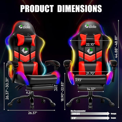 Czlolo Gaming Chair, 2026 Upgraded RGB LED Lights Computer Chair with Footrest, Lumbar Support Massager Gamer Chair, High Back, 90-135° Reclining, Linkage Armrests, Red
