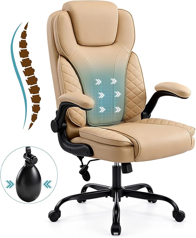 Ergonomic Office Chair, PU Leather High Back Executive Chair with Adjustable Inflatable Lumbar Support and Padded Flip-Up Arms, Recline Swivel Task Computer Chair for Home Office, Khaki