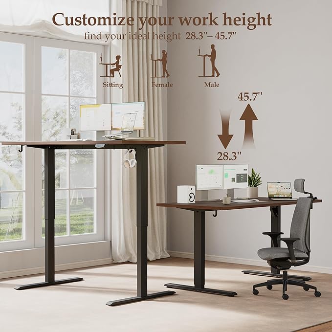 Klicelor 55 x 28 Electric Standing Desk, Sit Stand Up Home Office Desk, Height Adjustable Deep Cumputer Table with Memory Presets and Hooks, Two Pieces, Dark Walnut