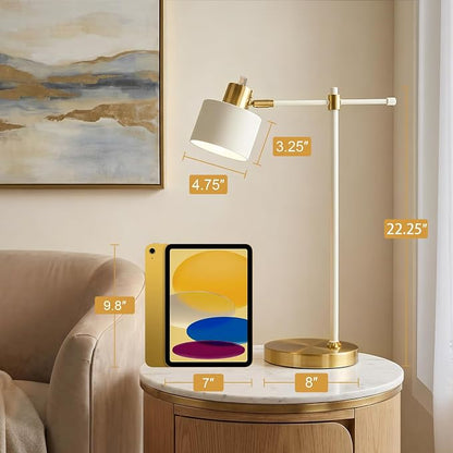 OYEARS 22.2" Modern Desk Lamp, Metal Table Lamp with LED Bulb, Adjustable Reading Lamps for Living Room, Mid Century Task Lamp for Home Office, Industrial Bedside Lamps, Cream and Gold