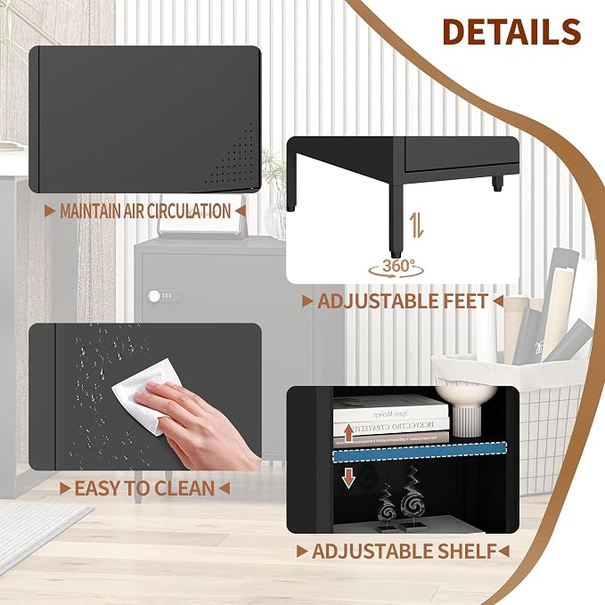 Steehoom Locker Nightstand with Lock and Adjustable Shelf, Dorm Lockable Cabinet Metal Bedside Table with Digital Combination Lock, Secure Storage End Table for Bedroom Office (Black)