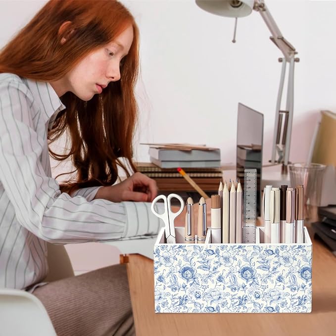 Blue Floral Pen Pencil Holder for Desk, French Country Toile De Jouy Flower Botanical Wooden Box Sign Decorations for Home Office Girls Room Bedroom Desk Tabletop