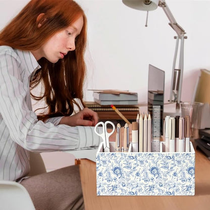 Blue Floral Pen Pencil Holder for Desk, French Country Toile De Jouy Flower Botanical Wooden Box Sign Decorations for Home Office Girls Room Bedroom Desk Tabletop