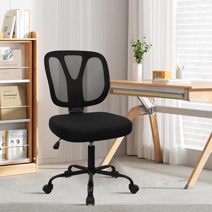CLATINA Armless Home Office Chair, Adjustable Height Backrest Ergonomic Mesh Desk Chair with Wheels, 360° Swivel Small Computer Task Chair for Home Office, Study, Meeting Room, Black