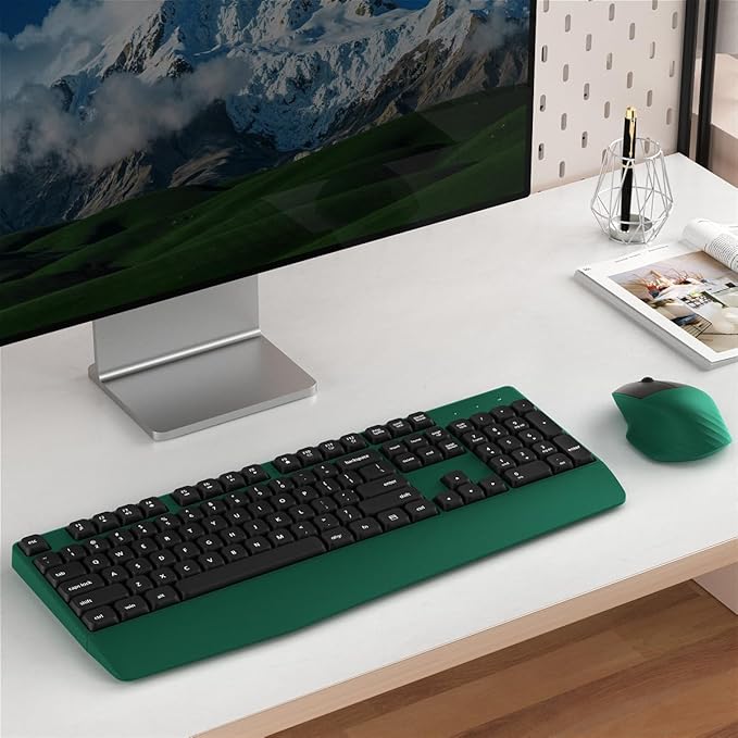 Wireless Keyboard and Mouse Combo, Ergonomic Keyboard with Wrist Rest, 2.4Ghz Wireless Connection, Compatible with PC/Laptop/Windows/Mac for Home and Office Use (Black Green)