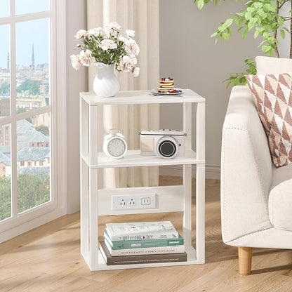 YUFAM 3 Tier Small Narrow Bamboo Side Table Set of 2 with Charging Station - Skinny Nightstand for Small Spaces, Slim Bedside Table with USB Ports and Outlets - Thin End Table with Storage, Grey White