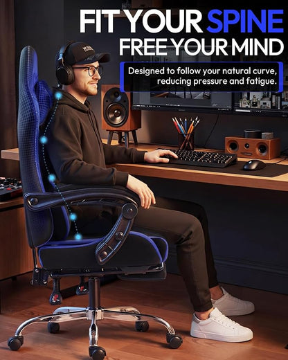 Dowinx Ergonomic Gaming Chair with Footrest & Massage Lumbar, 2D-Linkage Armrests for Computer Chair 330lbs with Headrest Pillow for Office, Home, Streaming and Long Gaming Sessions, Fabric Dark Blue