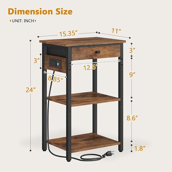 Gewudraw Printer Stand with Charging Station, 3-Tier Under Desk Printer Table, End Table with Storage Shelves for Home Office, Living Room,Bedroom,Bathroom,Brown