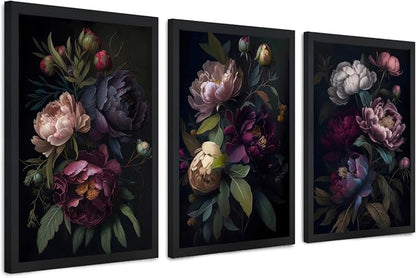 ICHZUMW Moody Peony Floral Canvas Wall Art Set of 3, Black Wood Framed Dark Academia Gothic Botanical Wall Decor, Ready to Hang Fade‑Resistant Flower Pictures for Bedroom Living Room Bathroom, 20×30in