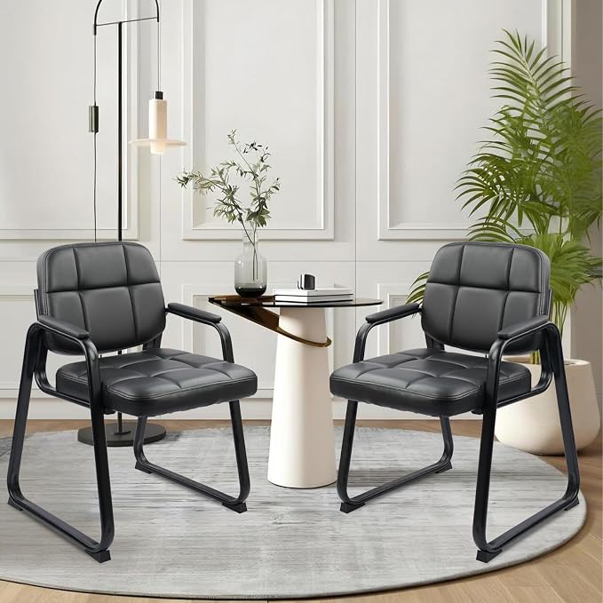 CLATINA Waiting Room Chairs no Wheels with Padded Arms Leather Guest Chair for Office Reception and Conference Desk with Sled Base Black, 8PK