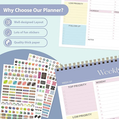 Weekly To Do List Notepad, Undated Planner with 52 Sheets (8.5''x11''), Desk Weekly Planner for Women & Man, Home School & Work (Purple)