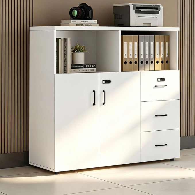 File Cabinet with Password Lock, Wood Lateral Filing Cabinet for Letter/A4 Files, 3 Drawer with Door, Printer Stand with Open Shelves for Home Office