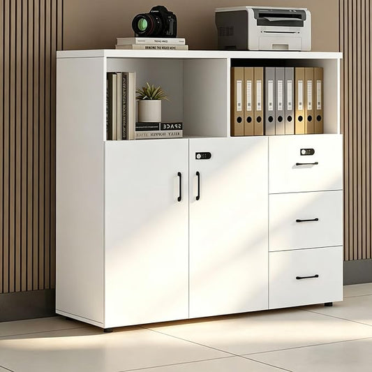 File Cabinet with Password Lock, Wood Lateral Filing Cabinet for Letter/A4 Files, 3 Drawer with Door, Printer Stand with Open Shelves for Home Office