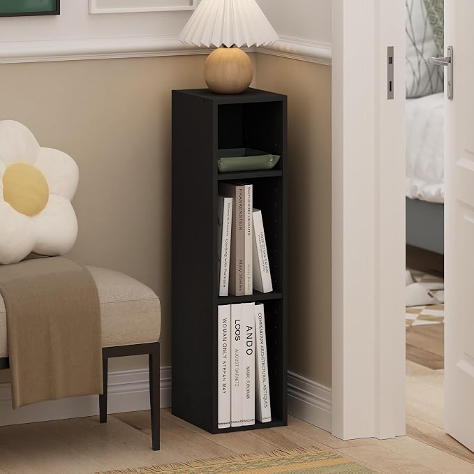 Furinno Fulda Book Shelf, 3-Tier Narrow Bookshelf, Bookcase with 8-in Width Storage Shelf, 9.3 x 7.9 x 31.5, for Living Room, Bedroom, Home Office, Blackwood