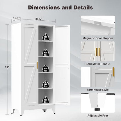 71" Tall Metal Pantry Cabinet, Kitchen Storage Cabinet with 2 Doors and 4 Adjustable Shelves for Kitchen, Living Room, Dining Room, Bathroom and Home, Office (White, 1PC)