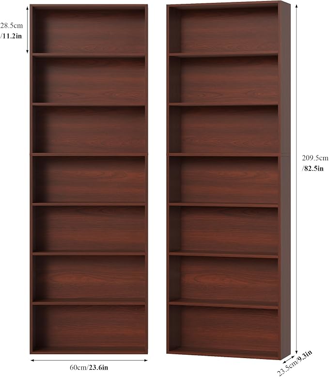 FACBOTALL 82" Tall Bookshelf Set of 2, 7-Tier Double Open Shelves Bookcase,Freestanding Display Storage Shelves, Tall Bookcase Home Decor Furniture for Home Office,Living Room,Bedroom, Cherry