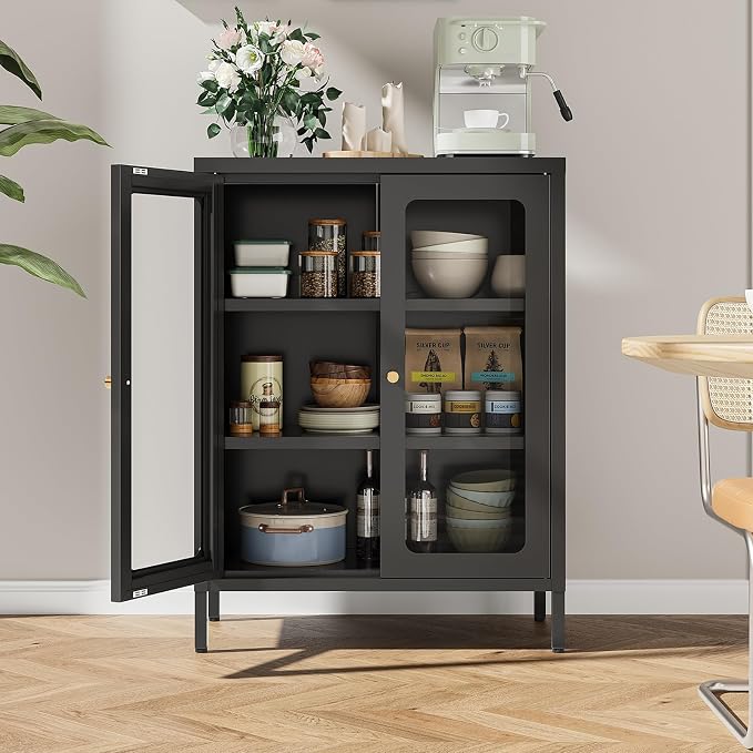 Small Display Cabinet with Glass Doors, 12" Deep Small Curio Showcase with Two Glass Doors, 23.6" Wide Metal Floor Storage Cabinet for Collectibles Books China for Entryway, Home Office, Living Room