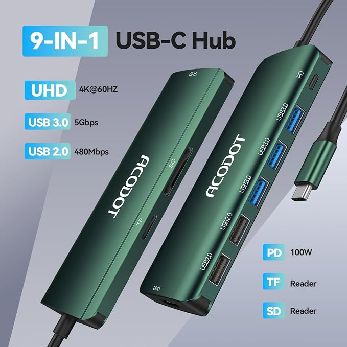 USB C Hub, 9-in-1 Multi-Port USB Adapter, 4K@60Hz HDMI, 100W Max PD, 3 USB3.0(5Gbps) + 2 USB2.0 Data Ports, SD/TF Card Reader for MacBook, iPad Pro, Dell, HP, Lenovo, Windows Laptop, Green