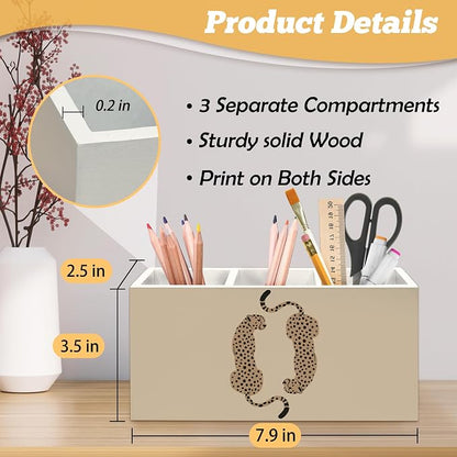 Trendy Retro Leopard Pen Holder Organizer for Desk Accessories, Rustic Neutral Cheetah Wild Animals Wooden Box Sign Desk Decorations for School Girly Room Dorm Decor