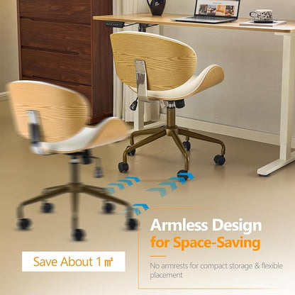 VINGLI Wide Comfotable Swivel Home Office Chair with Wood-Grain Curved Shell,Ergomomic Mid-Back Padded Armless Rolling Desk Chair with Wheels,Height Adjustable for Computer,Task,Work,PU Leather,White
