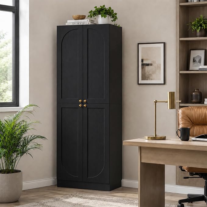 Cyclysio 80" Storage Cabinet, Tall Arched Bookcase with 4 Soft Close Doors, 6-Tier Wooden Pantry with Adjustable Shelves, Seamless Fit Wall for Home Office, Living Room, Kitchen (Black)