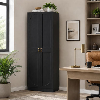Cyclysio 80" Storage Cabinet, Tall Arched Bookcase with 4 Soft Close Doors, 6-Tier Wooden Pantry with Adjustable Shelves, Seamless Fit Wall for Home Office, Living Room, Kitchen (Black)