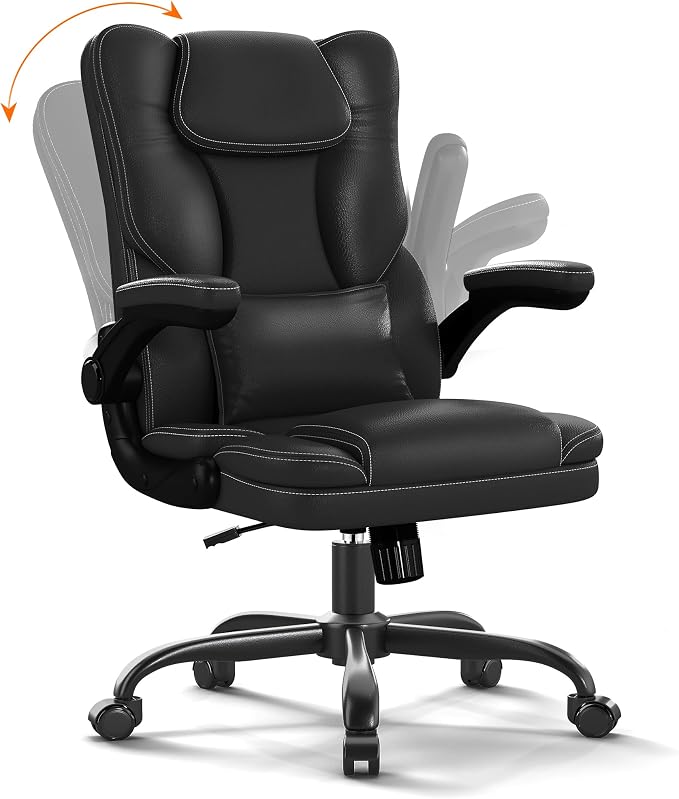 Ergonomic Office Chair with Flip-Up Armrests, Mid Back Executive PU Leather Desk Chair, Height Adjustable with Lumbar Support, Rocking & Swivel Computer Chair for Home Office