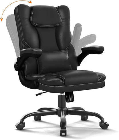 Ergonomic Office Chair with Flip-Up Armrests, Mid Back Executive PU Leather Desk Chair, Height Adjustable with Lumbar Support, Rocking & Swivel Computer Chair for Home Office