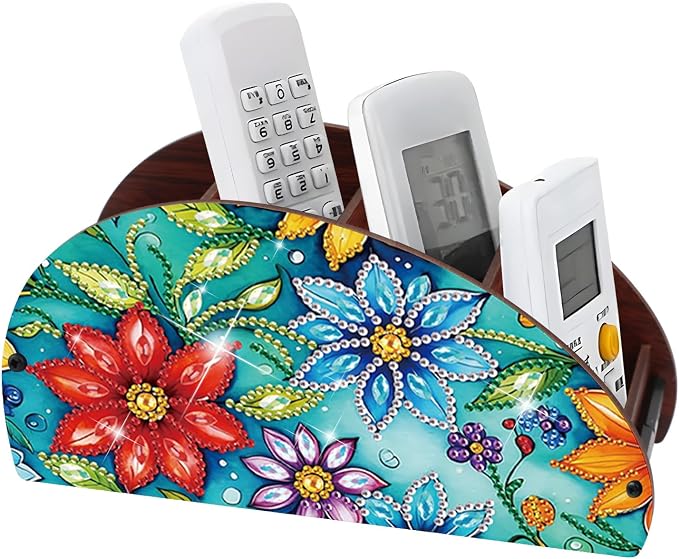 DIY Diamond Painting Storage Box Floral Design Multi-Compartment Wooden Organizer for TV AC Remotes, Makeup Brushes, Pens, Desktop Tabletop Craft Storage