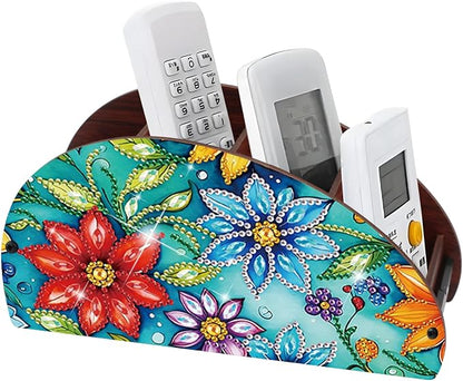 DIY Diamond Painting Storage Box Floral Design Multi-Compartment Wooden Organizer for TV AC Remotes, Makeup Brushes, Pens, Desktop Tabletop Craft Storage