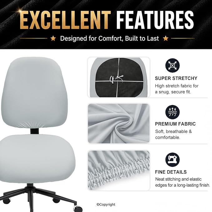Stretchable Separate Office Chair Seat Covers - Universal Stretch Computer Chair Slipcover - Washable Rotating Backrest Coverings & Cushion Protectors for Dogs, Cats, Pets, Light Gray