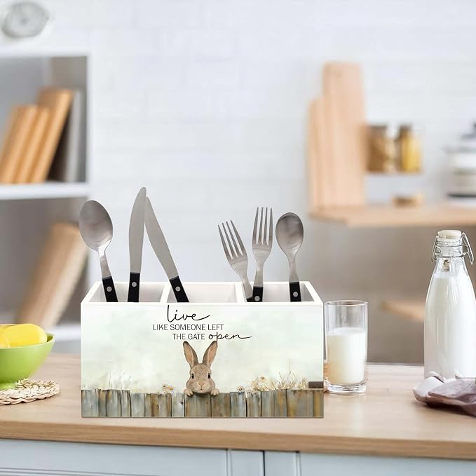 Bunny Gifts Pen Holder for Desk, Rustic Easter Bunny Rabbit Pencil Organizer, Live Like Someone Left The Gate Open Cabin Animal Wooden Pen Holder Desk Accessories Decor for Home Office