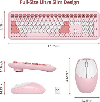 surmen Cute Wireless Keyboard and Mouse Combo, Pink Wireless Keyboard with Silent Mouse, Full Size Slim Low-Noise Soft Touch Round Keys for Home and Office,（6-Pink）
