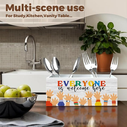 Inspirational Classroom Welcome Pencil Pen Holder for Desk Organizer, Everyone is Welcome Here, Diversity Equality Classroom Wooden Box Decorations for Kids LGBT Pride Black Lives Matter