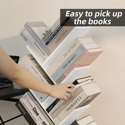 SHEEPAM 8 Tier Tree Bookshelf with Drawer, Free Standing Wood Bookcase for Living Room, Bedroom, Home Office, Space Saving Storage Organizer Bookshelves for Books, CDs, Vinyl Records- White