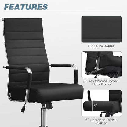 Office Desk Chair, Leather Conference Room Chairs with High Back,Wheels and Arms, Modern Ergonomic Ribbed Height Adjustable Swivel Executive Chair for Home Office (Black)