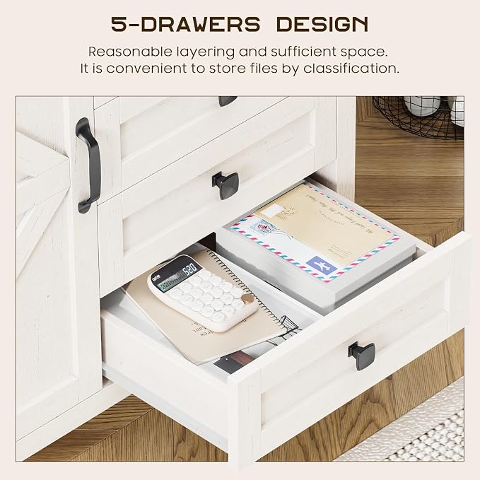 Halitaa Lateral File Cabinet with 5 Drawers, Farmhouse File Cabinet with Door and Adjustable Shelf, Large Wood File Storage Cabinets Printer Stand for Home Office Furniture, Rustic White and Brown