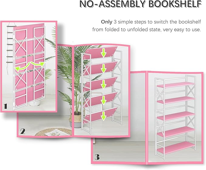 4NM Extra Wide 5 Tiers No Assembly Book Shelves, 51.2" H Folding Bookshelf Bookcase Open Industrial Foldable Shelves for Bedroom, Living Room, Home Office - Pink White
