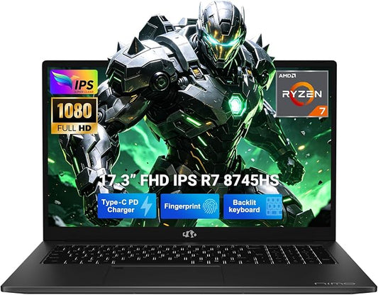 NIMO 17.3" Light-Gaming-Laptop, AMD Ryzen 7 8745HS 8 Cores 16GB DDR5 RAM 512GB SSD, Radeon 780M Graphics, FHD IPS Display, 100W Type-C Fast Charger, Backlit Keyboard, Fingerprint, USB 4.0