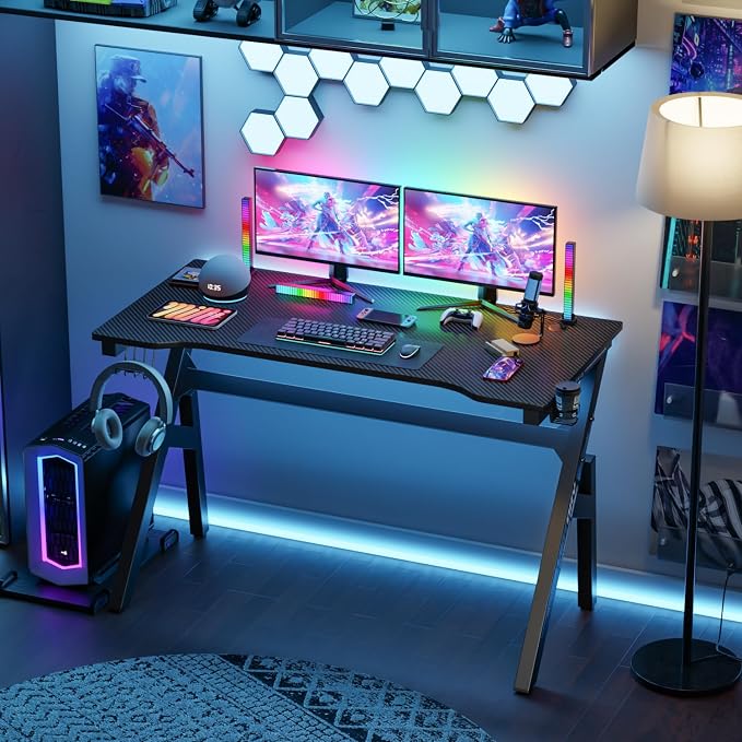 BestOffice | 47" Gaming Desk | Black & Blue | Carbon Fiber Textured Computer Desk | Sturdy Steel Frame,Cup Holder, Headphone Hook, Cable Management Holes, Adjustable Leg Pads | for Gamers,Home,Office