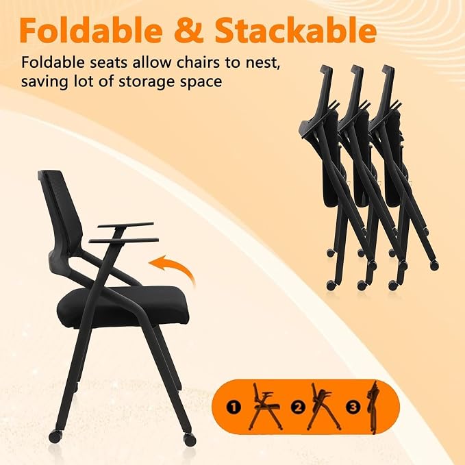 CLATINA Stackable Foldable Conference Room Chairs with Wheels, Portable Padded Office Desk Chair with Lumbar Support and Armrest for Training Room, Guest, Reception, Event, Black (20pk)