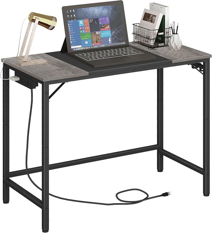 HOOBRO Computer Desk, Home Office Desk with Power Outlet, Modern Study Writing Desk with 3 Hooks for Study Room, Home Office, Sturdy and Stable, Easy to Assemble, Charcoal Gray and Black BC40UDN01
