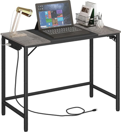 HOOBRO Computer Desk, Home Office Desk with Power Outlet, Modern Study Writing Desk with 3 Hooks for Study Room, Home Office, Sturdy and Stable, Easy to Assemble, Charcoal Gray and Black BC40UDN01