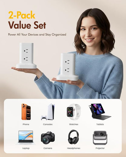 2 Pack Power Strip Tower with Surge Protector 1800J, Fast Charging Tower PD20W USB-C Ports with 8 AC Outlets, 6ft Extension Cord for Home Office Dorm Room, White
