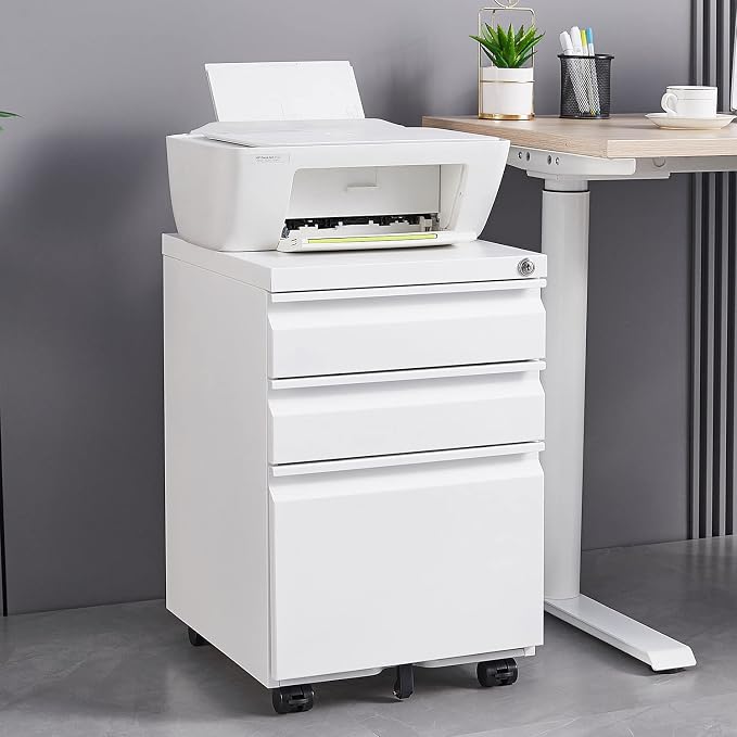 3-Drawer Mobile File Cabinets Black File Cabinet Under Desk Metal Filing Cabinet Rolling Metal Filing Cabinet for Legal and Letter Files with Anti-Tilt Design with Locking Fully Assembled (White)