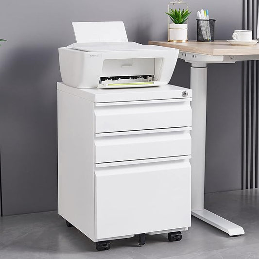 3-Drawer Mobile File Cabinets Black File Cabinet Under Desk Metal Filing Cabinet Rolling Metal Filing Cabinet for Legal and Letter Files with Anti-Tilt Design with Locking Fully Assembled (White)